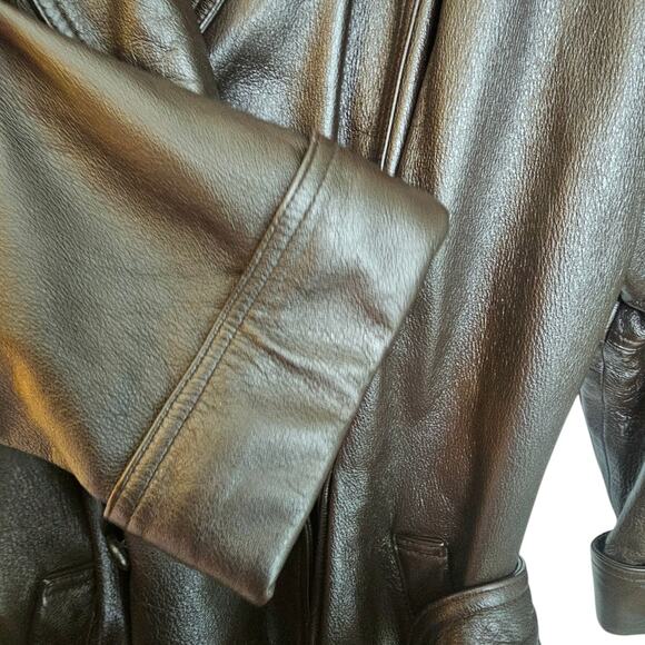 Together! Vintage Dark Brown Leather Double Breasted Trench Coat with Belt - Picture 5 of 11